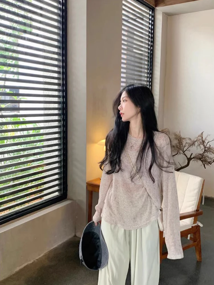 Laid-back Style Casual Thin Transparent Long Sleeve T-shirt Women Summer New Loose White Top Breathable Lightweight Design