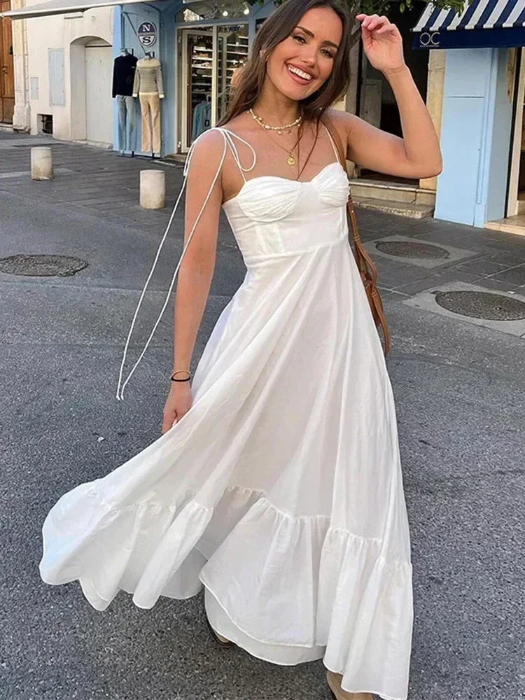 White Sleeveless Backless Lace Up Linen Dress Sexy A-line Long Dress for Women Perfect Summer Beach Holiday Fashion Strap Robe