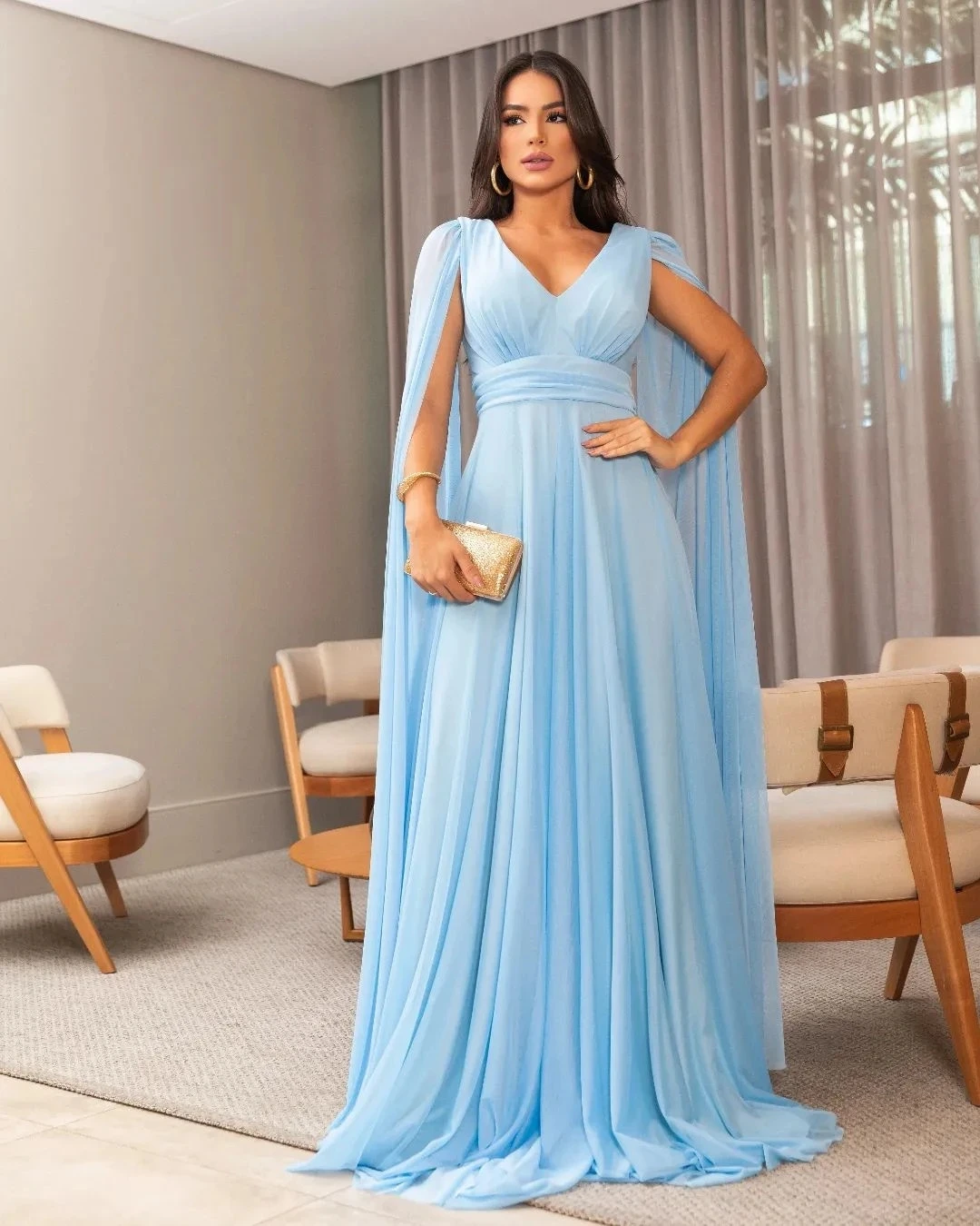 

V-Neck Light Blue Long Evening Party Gowns Vestidos De Festa With Cape Chiffon A-Line Formal Prom Dresses