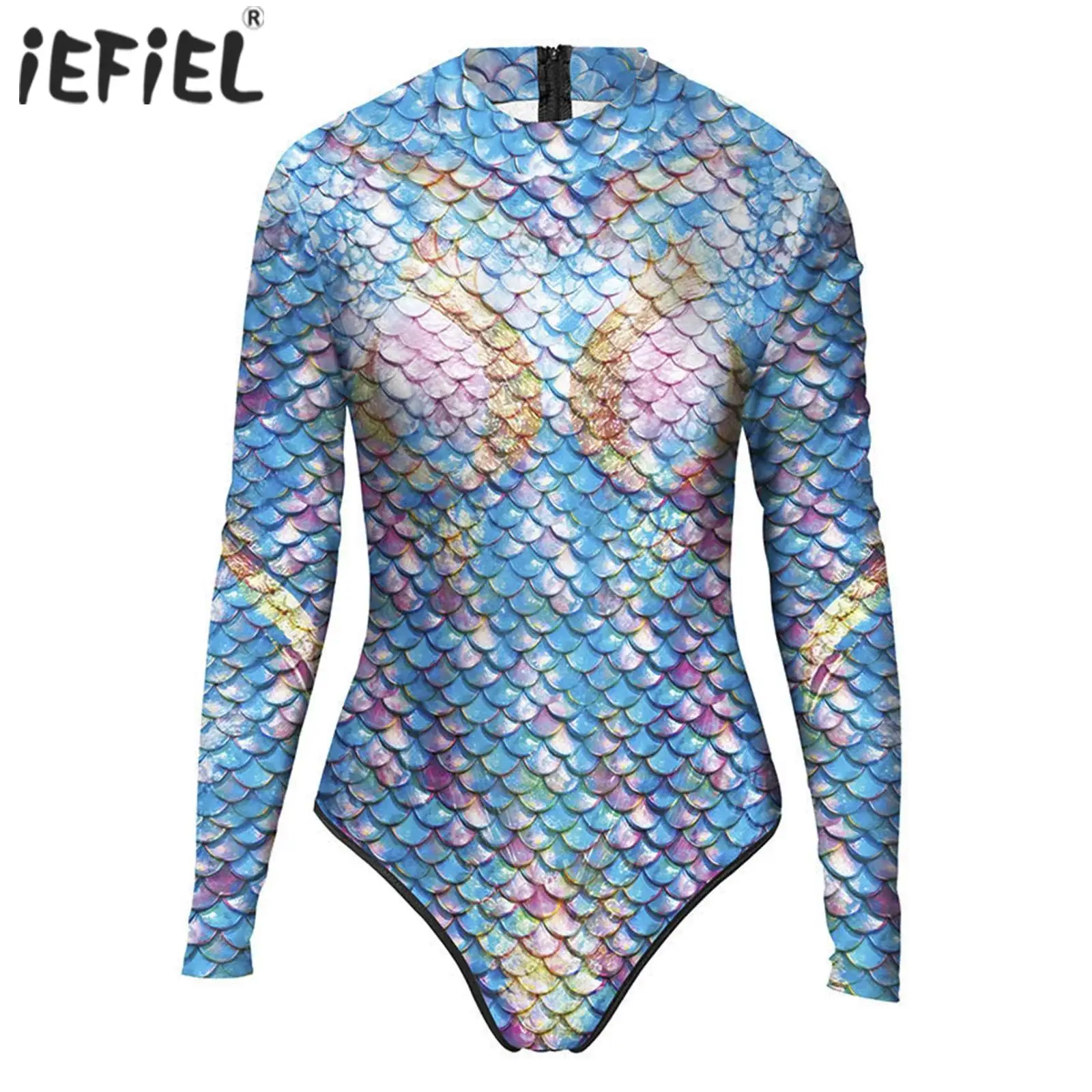 Womens 3d Print Fish Scale Rash Guard Swimsuit Long Sleeve Quick-dry One-piece Bodysuit Bathing Suit for Beach Diving Surfing