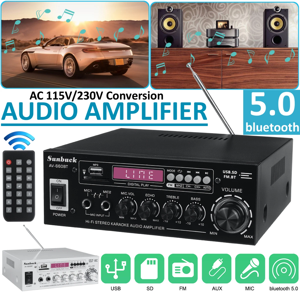 Car Power Amplifier 2.0 Channel Audio Home Theater Amplifiers DC 12V 110V/220V Support EQ FM SD USB 2 Mic 5.0 bluetooth