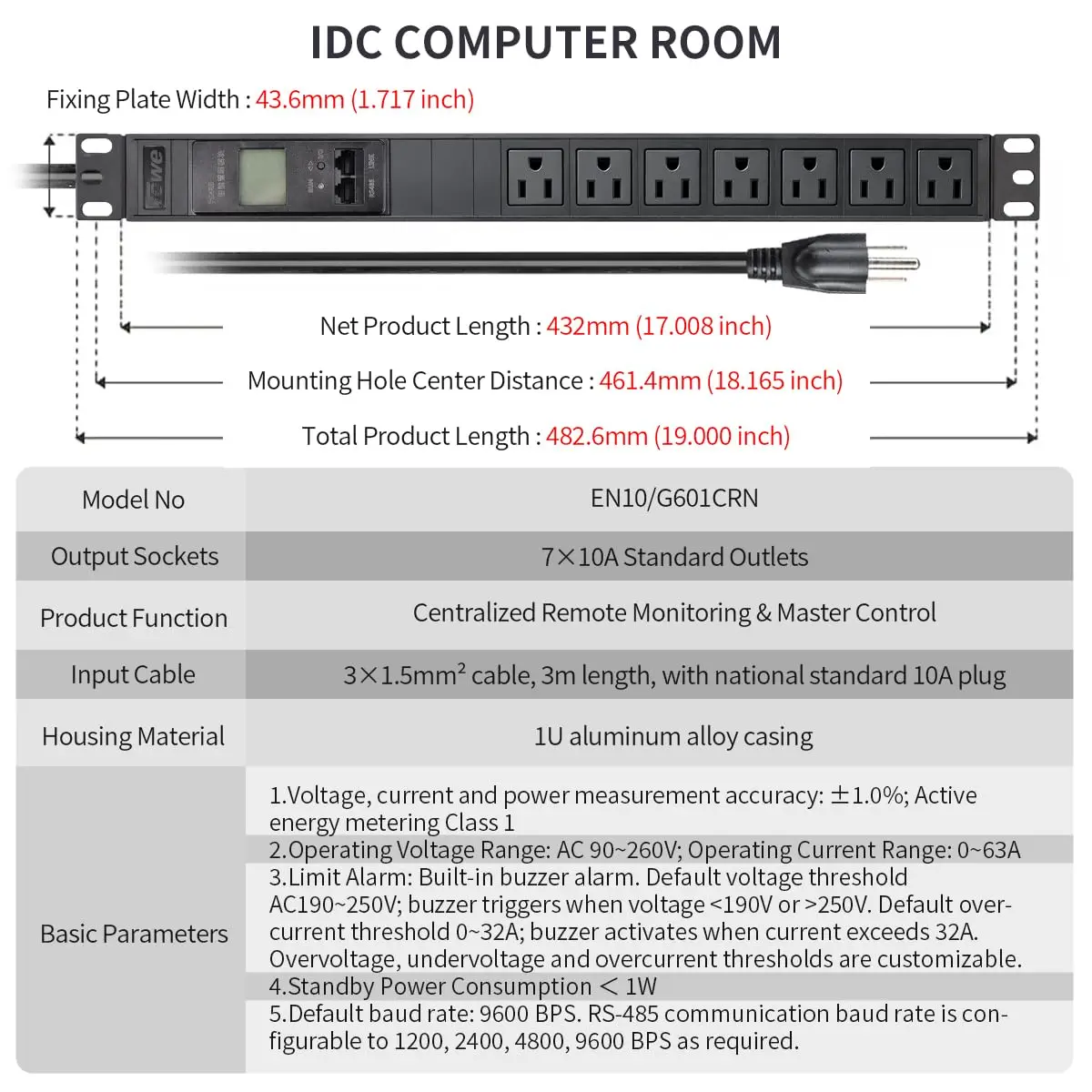 TOWE Intelligent RS485 Rack Mount PDU 1U Power Distribution Unit with Energy Monitoring for Server Rack Data Center