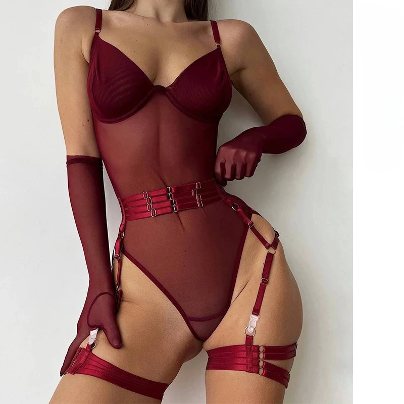 

Tight Fitting Lace Bodysuit Sexy See Through Erotic Body With Gloves Garter Night Club Outfit Sissy Crotchless Mesh Top