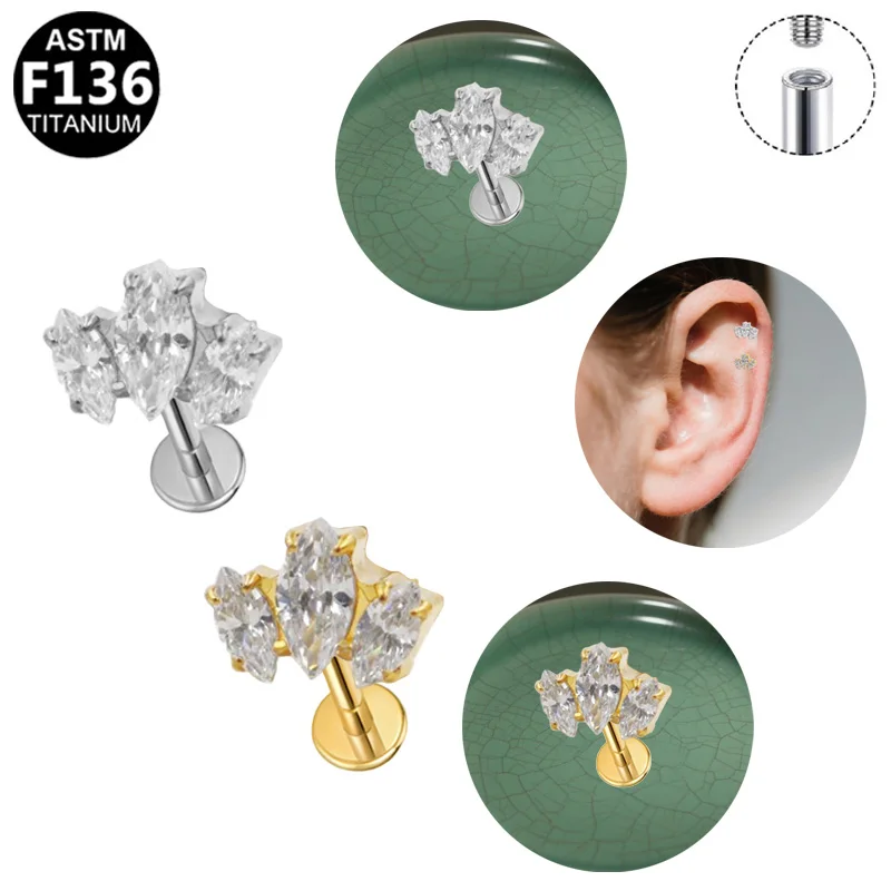 ASTM F136 Titanium Internally Threaded Labret Studs, Triple Marquise CZ Cluster Cartilage Earrings, Sparkling Helix Tragus Pierc