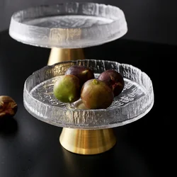 Family Kitchen Glass Fruit Plate, Living Room Dining Table, Snacks, Desserts, Gold High Foot Relief Glass Bowl, Home Decoration