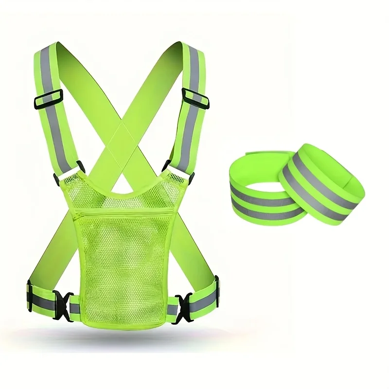 

1Pc Adjustable Reflective Safety Vest with 2Pcs Reflective Bands - Bright Green & Yellow Reflective Strips, Breathable Spandex