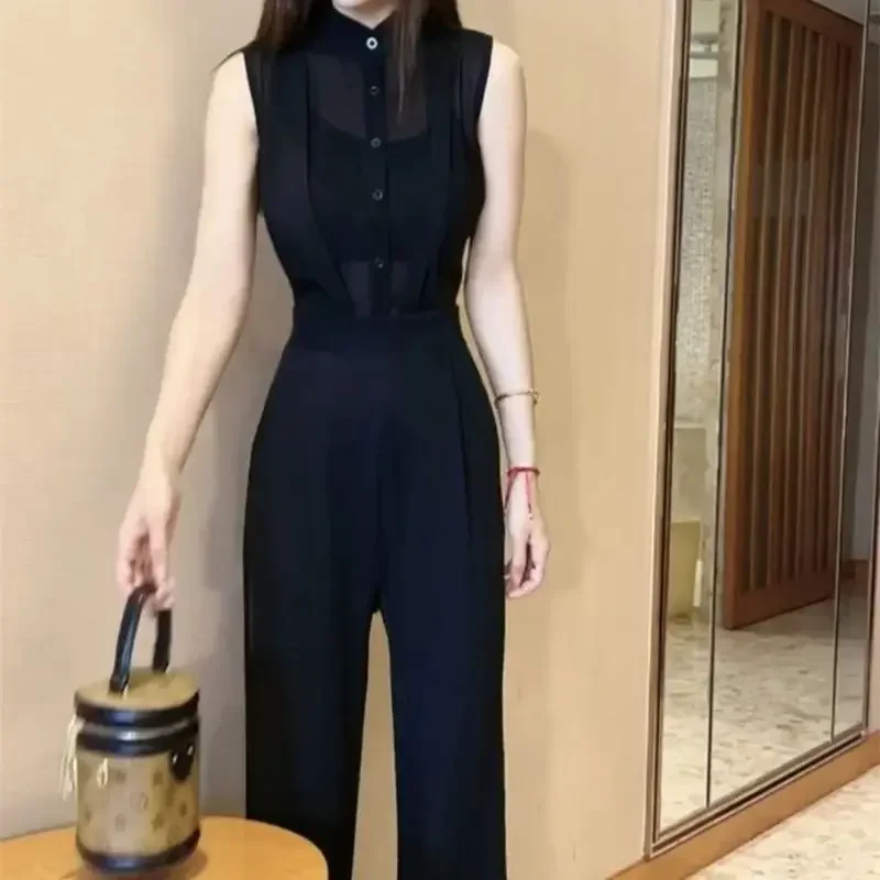 Nuova tuta elegante estiva moda donna camicia slim senza maniche patchwork pantaloni a gamba larga pagliaccetti da donna da ufficio streetwear