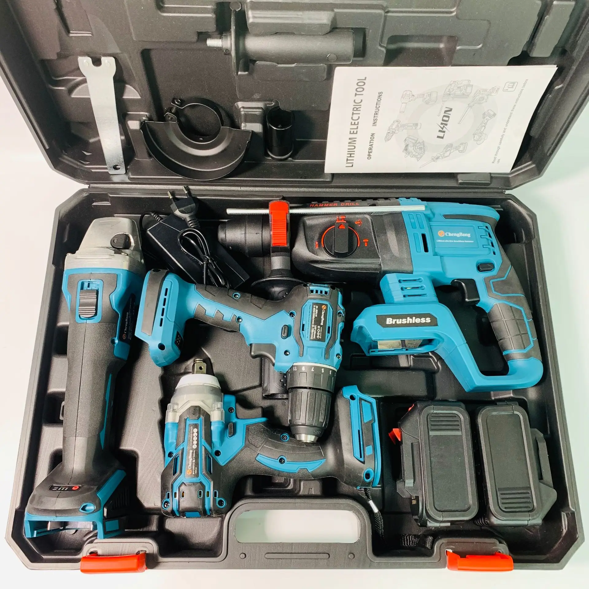 Lithium electric power tools 4 pieces (125mm Angle grinder, electric drill and hammer + wrench makita battery Keuhz