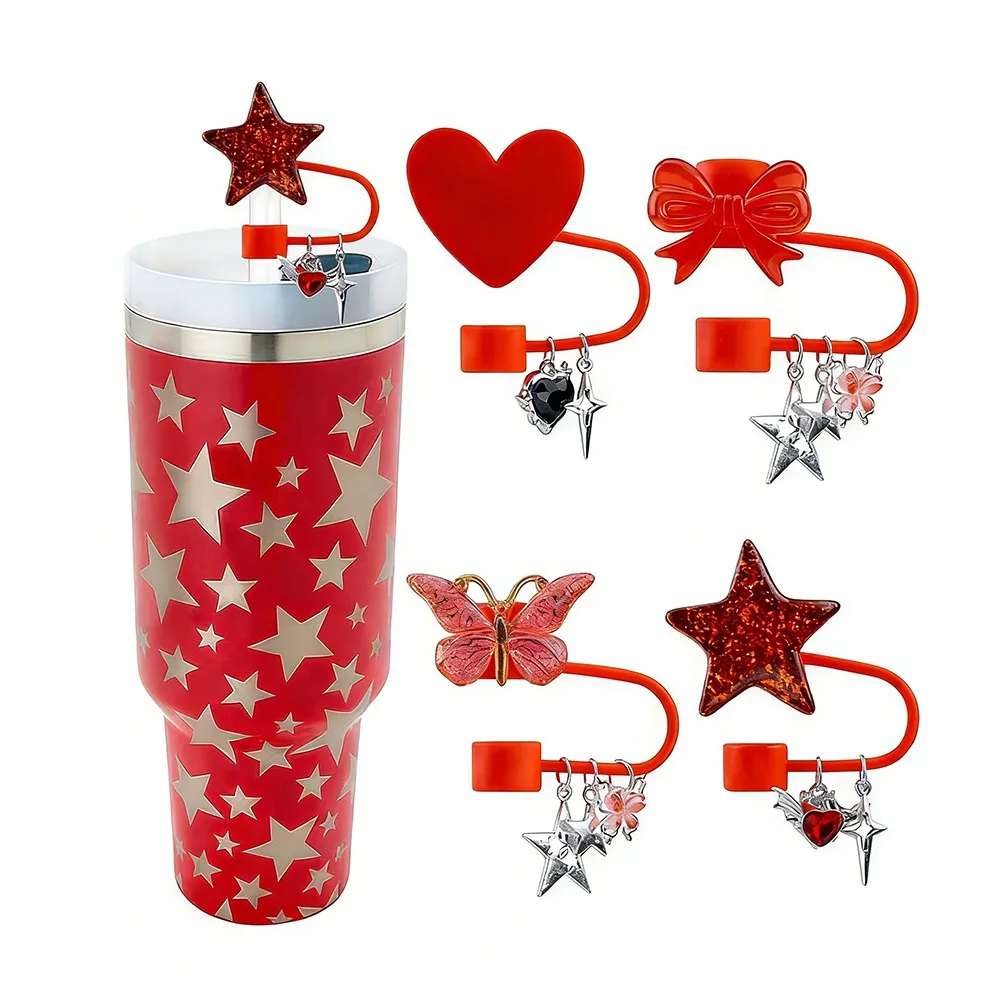 10mm Dustproof Straw Stopper with Pendant DIY Bow-tie Straw Cap Strawberry Pendant Star-shaped Straw Decoration for for Cup