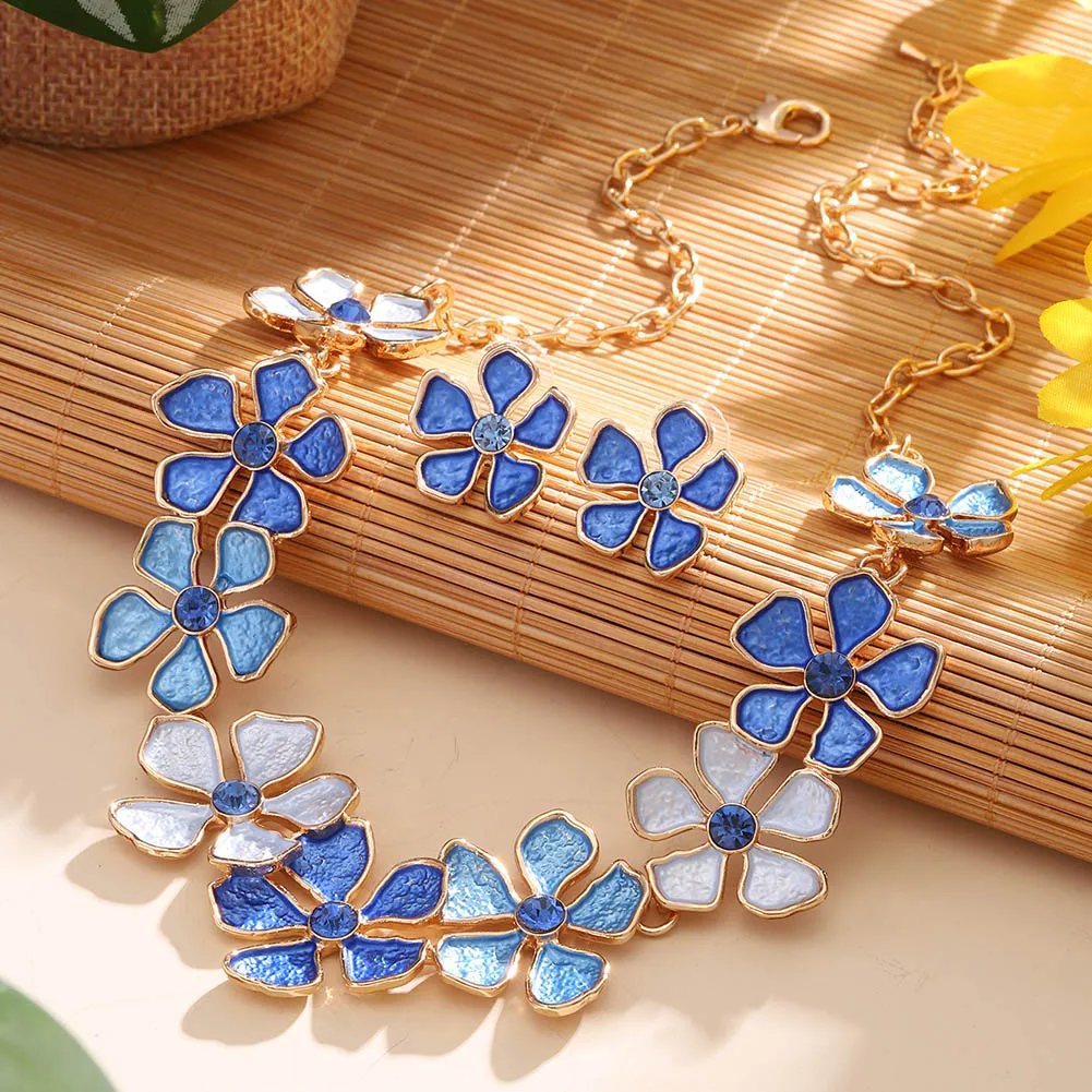 Women's Blue Enamel Geometric Necklace Set, Elegant Gift