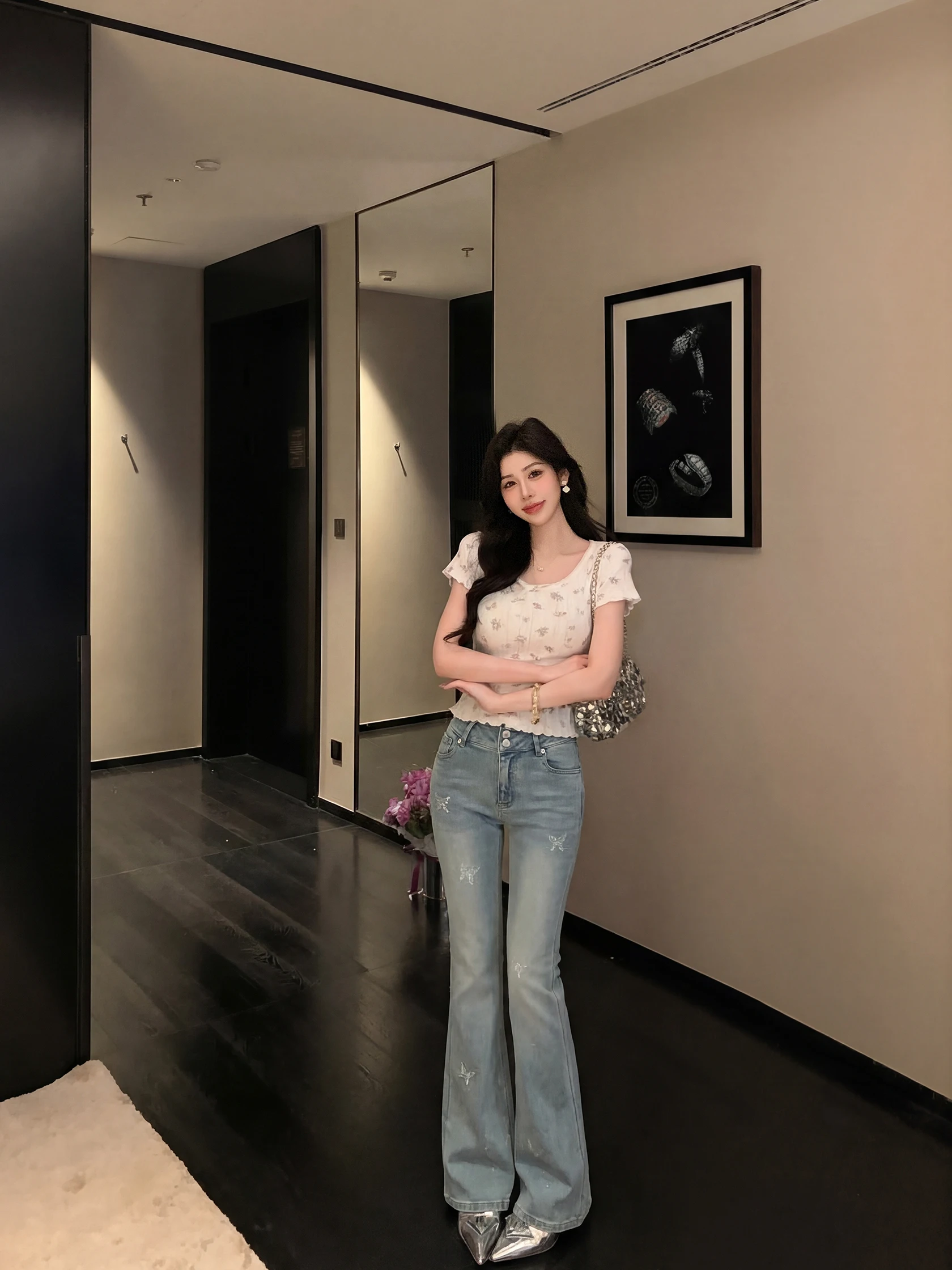 

Org Blue Rhinestone High Waist Slim Fit Casual Commute Slimming Hip Covering Flared Jeans Spring Cotton Stretch