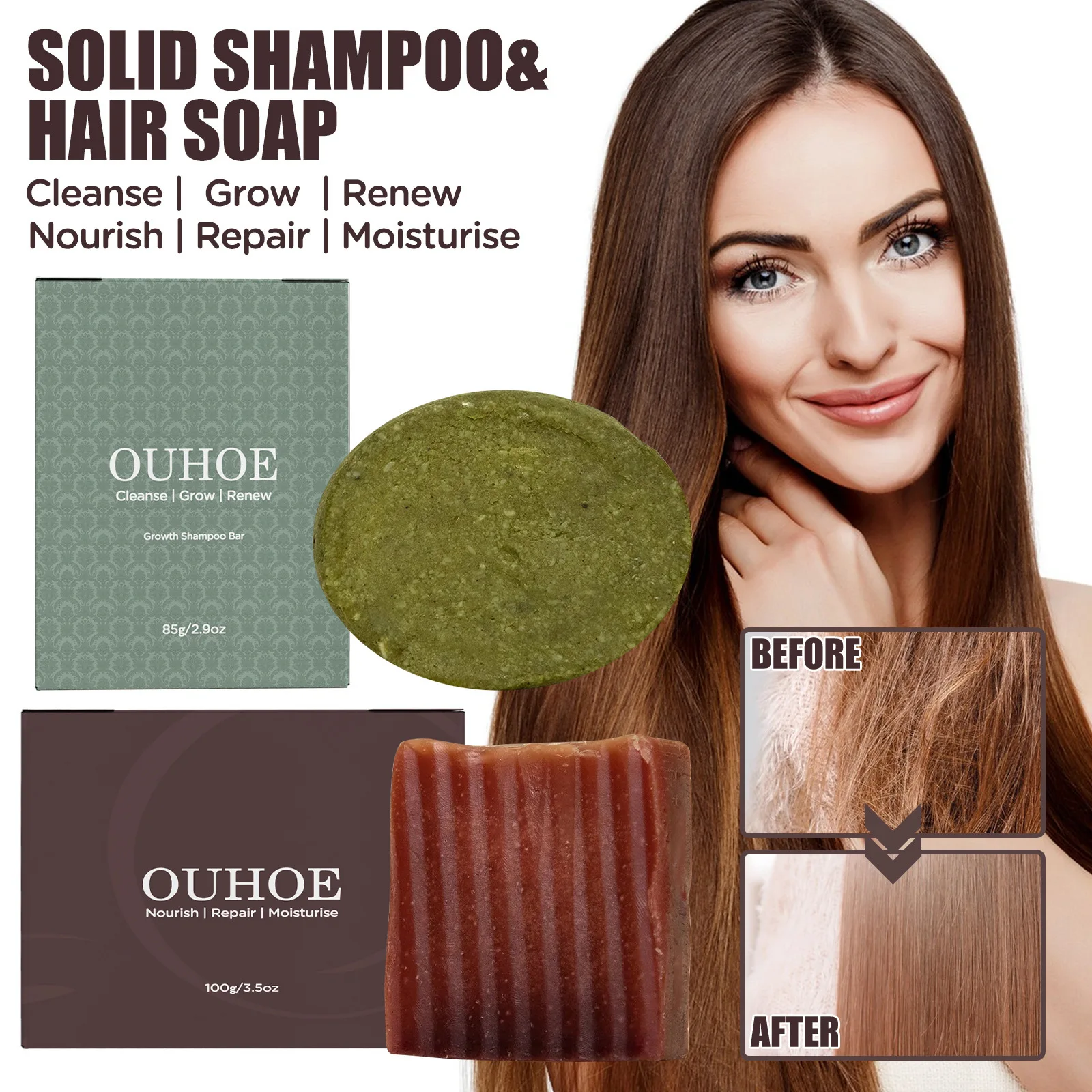 OUHOE shampoo and hair care soap cleanses hair, moisturizes scalp, repairs damaged hair, reduces hair loss, and solidifies hair