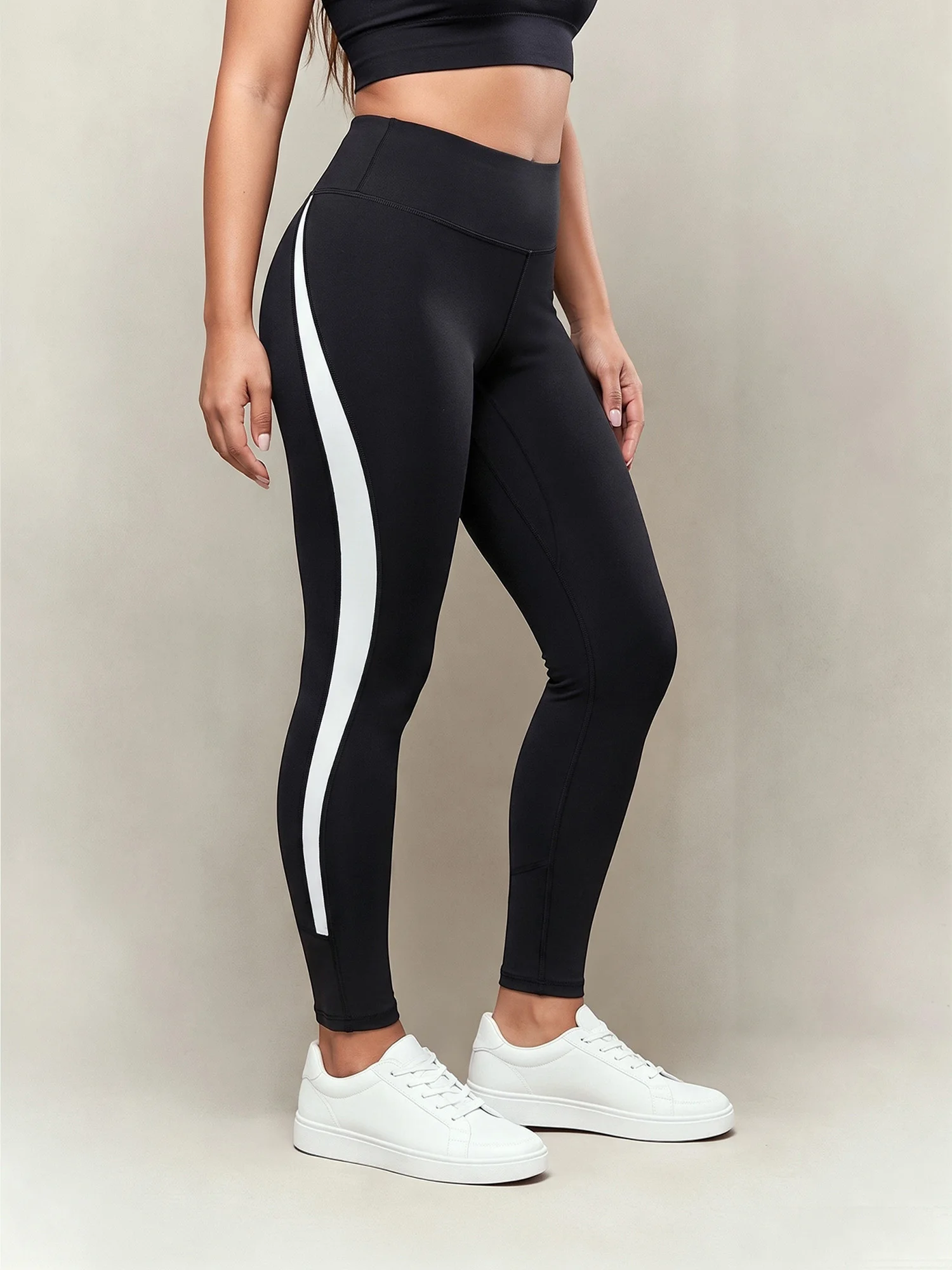 Women Elastic Slim Gym Tights High Waist White Curved Patchwork Tummy‑control Butt‑lift Breathable Running Leggings