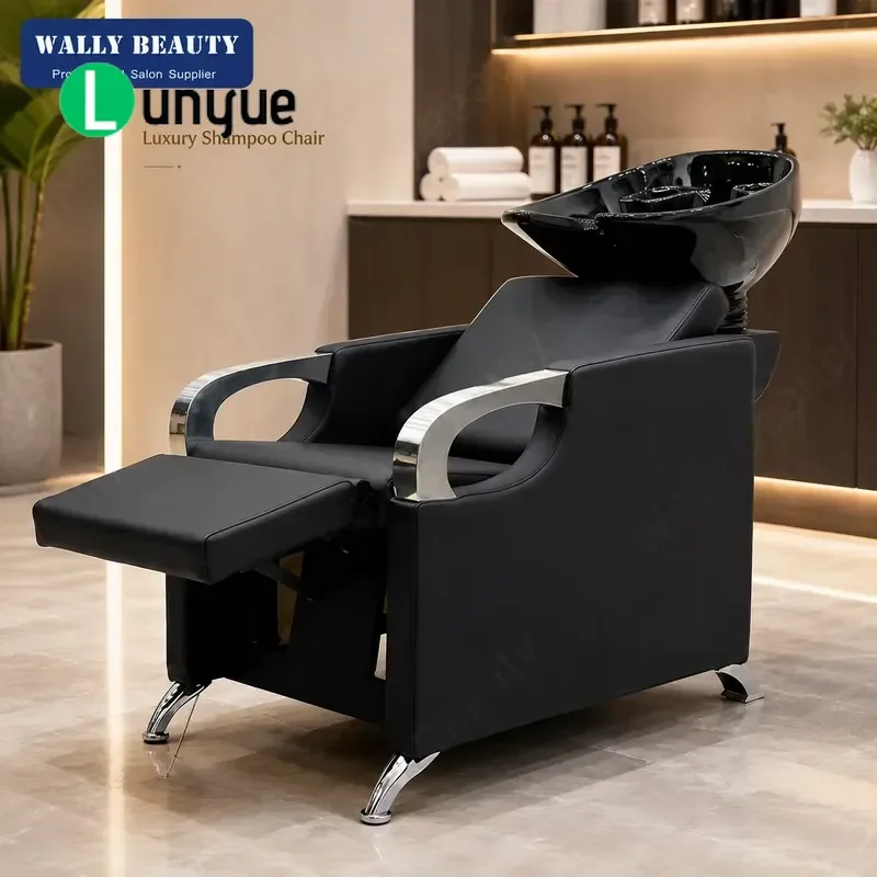 Modern Black Luxury Shampoo Chair with Ceramic Basin Hair Washing Station for Beauty Spa Barber Shop Comfortable