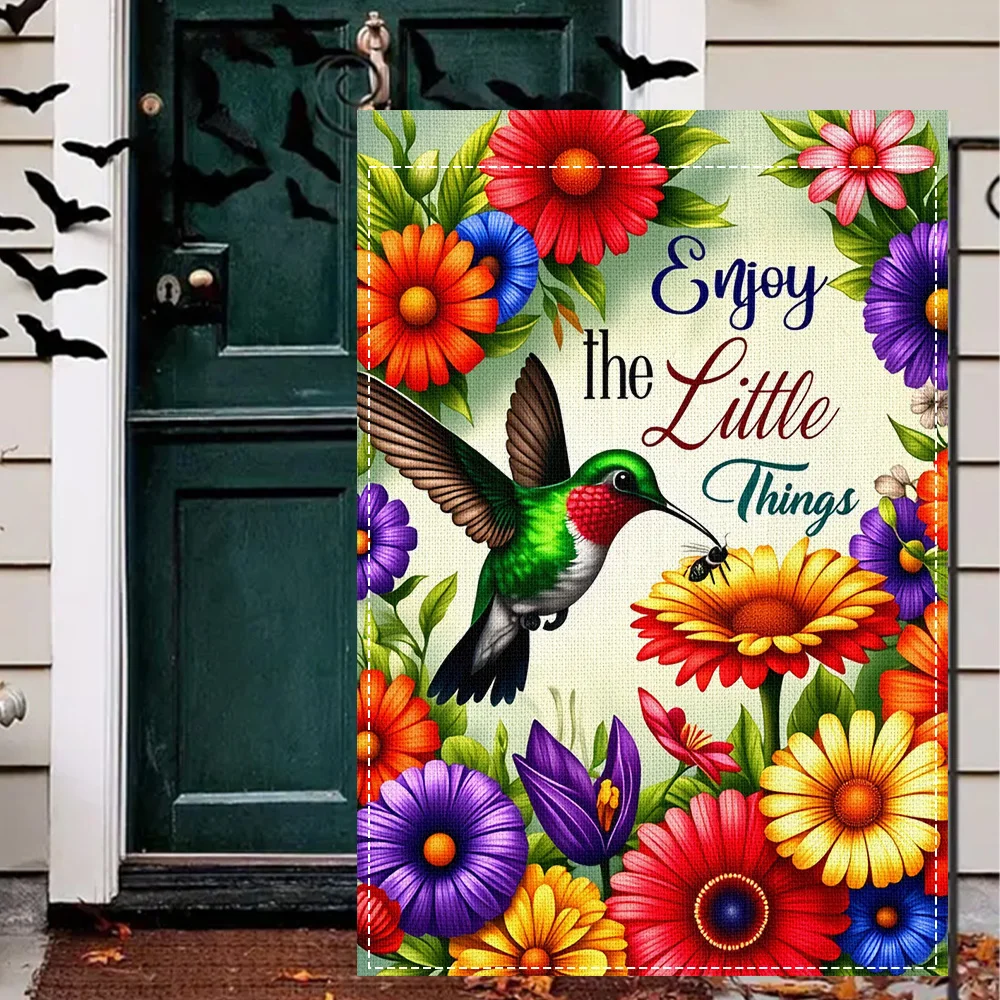 1pc Hummingbird and Colorful Flower Garden Flag, Duplex Print, Perfect for Patio and Outdoor Holiday Decoration (Pole Not Includ