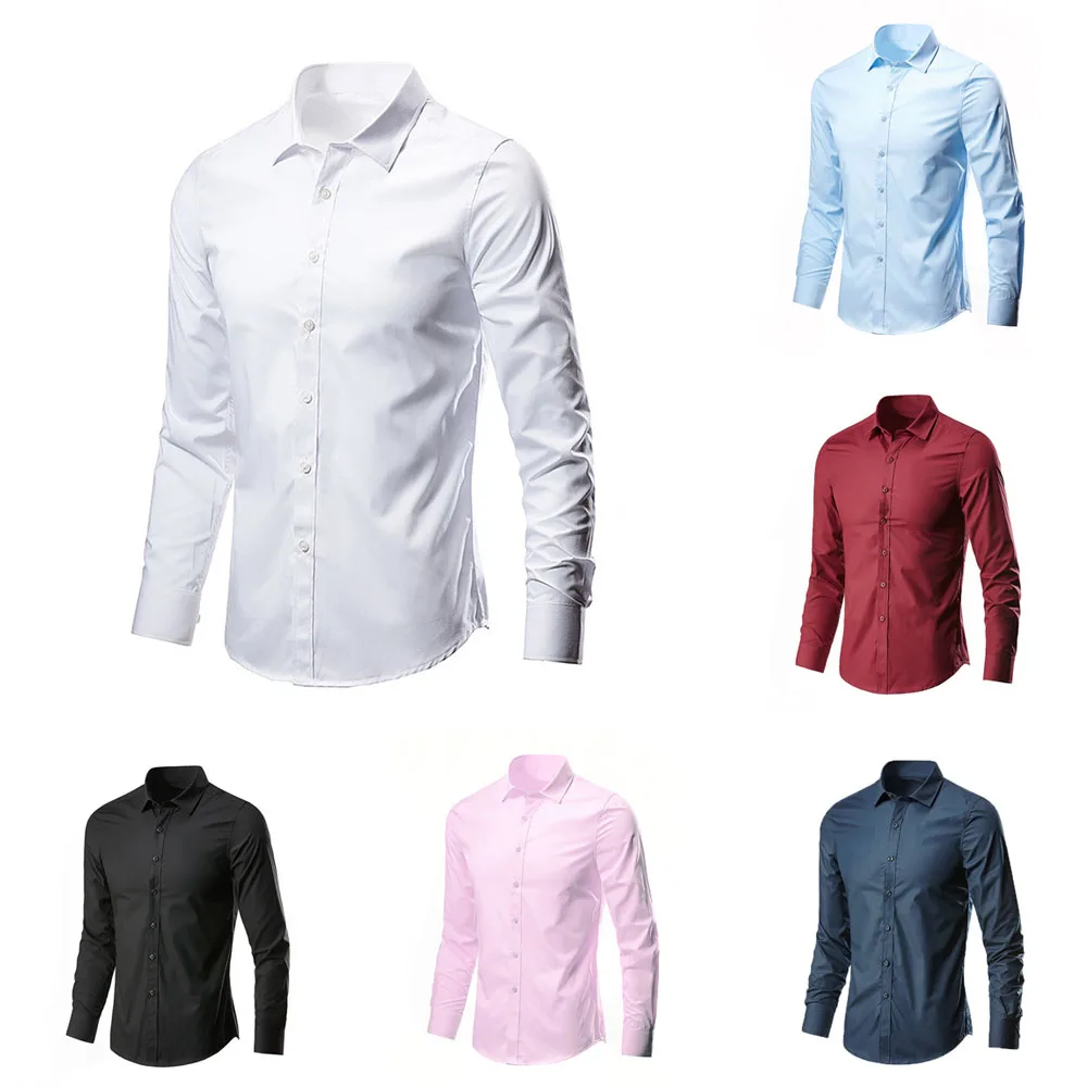 Camisa formal clássica masculina manga longa enrugamento resistente botão para baixo vestido de negócios camisa m l xl 2xl 3xl 4xl