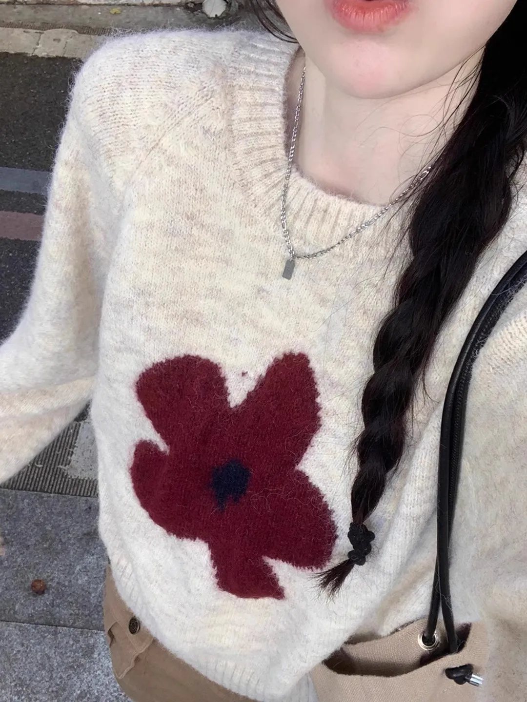 الكورية Sle Thiened رقيق محبوك سترة المرأة الخريف الشتاء فضفاضة تناسب الجولة Ne طباعة التطريز طويل Sve #1