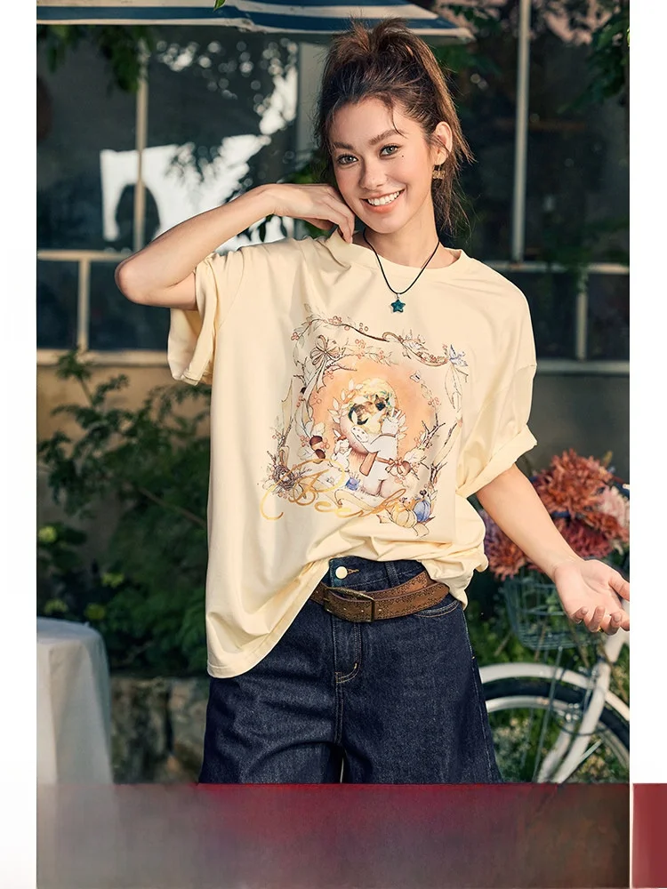 Summer BeerBro Short Sleeve T-Shirt Women's Nordic Fairy Tale Print Loose Fit Cotton Lyocell Polyester Blend round Neck Top