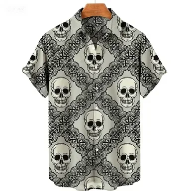 Men Polyester Skull Shirt Short Sleeve Gothic Dark Halloween Graphic Print Casual Summer Beach Vintage Novelty Cool Fashion Wear