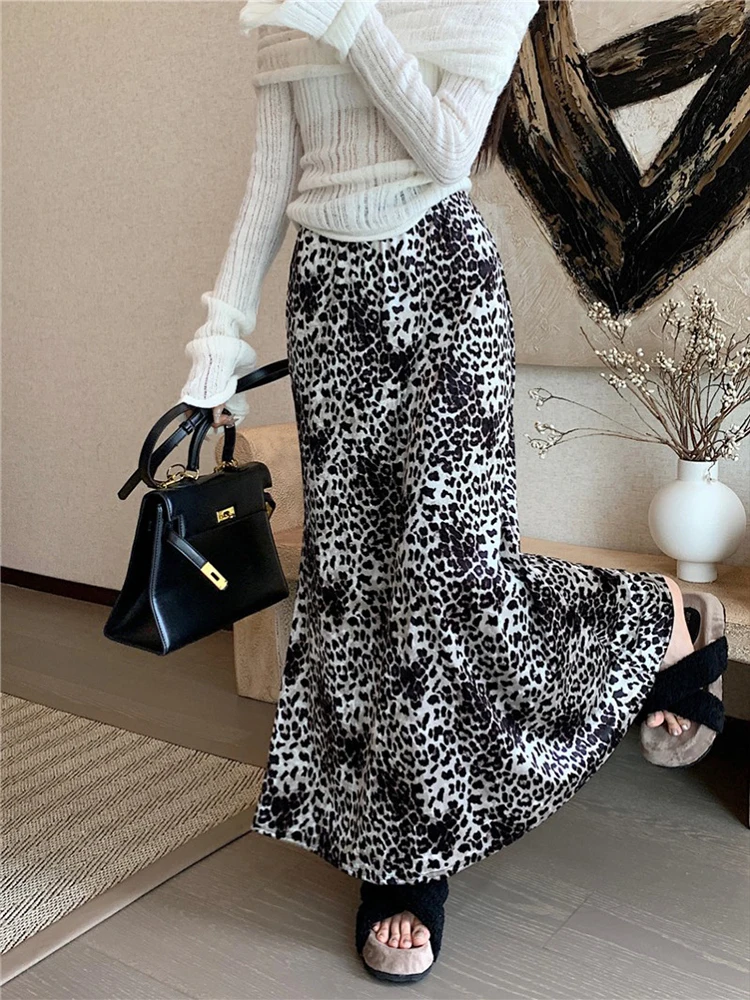 2024 Spring Elegant Women Thin Satin Animal Printed Skirt Zipper A Line Female High Waisted Midi Long Skirt Y2K Bottoms