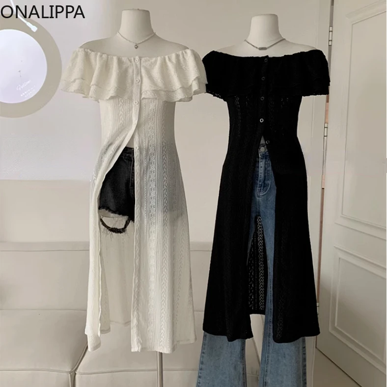 Onalippa Ruffles Hook Flower Women Shirt Slash Neck Single Breasted Off-shoulder Sexy Dress French Style Solid Color Vestidos