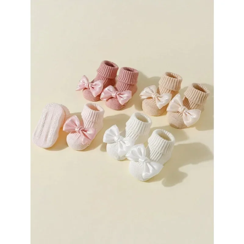 4 Pairs Toddler Socks with Bows, Soft Cotton Anti-Slip Ankle Socks for Infant Girls, Fashion Cute Newborn Baby Socks 0-24 Months