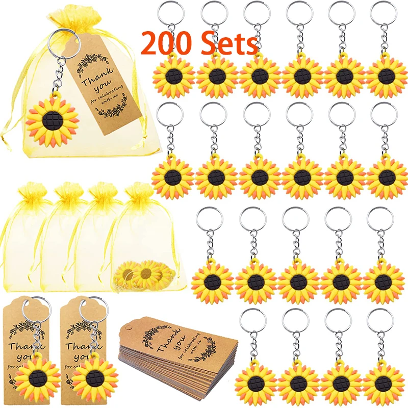 200Sets Sunflower Party Gift Includes Key Chain Organza Bag Thanks Brown Paper Tag School Reward Sunflower Party Supplies