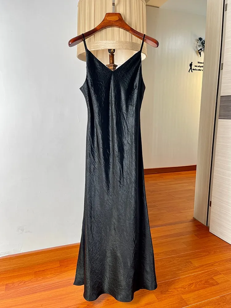 Vestido de Seda y Satén para Mujer, Corte Entallado, Verano, Elegante, con Tirantes de Acetato, Plisado, Escote en V, Estilo Svel