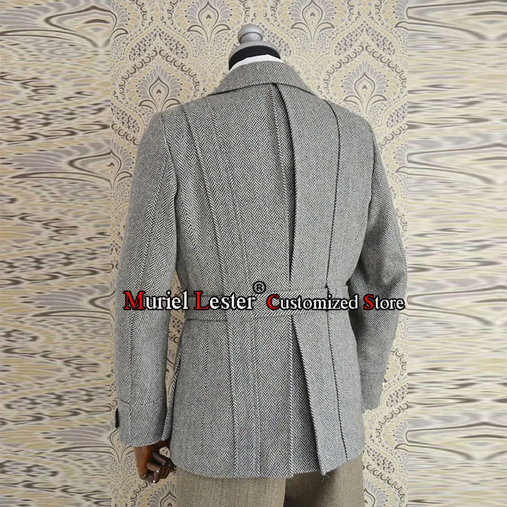 Grey Herringbone Men\'s Suit Jackets Regular Single Breasted Blazer Custom Made Nothced Lapel Coat Wedding Tuxedo Last Design