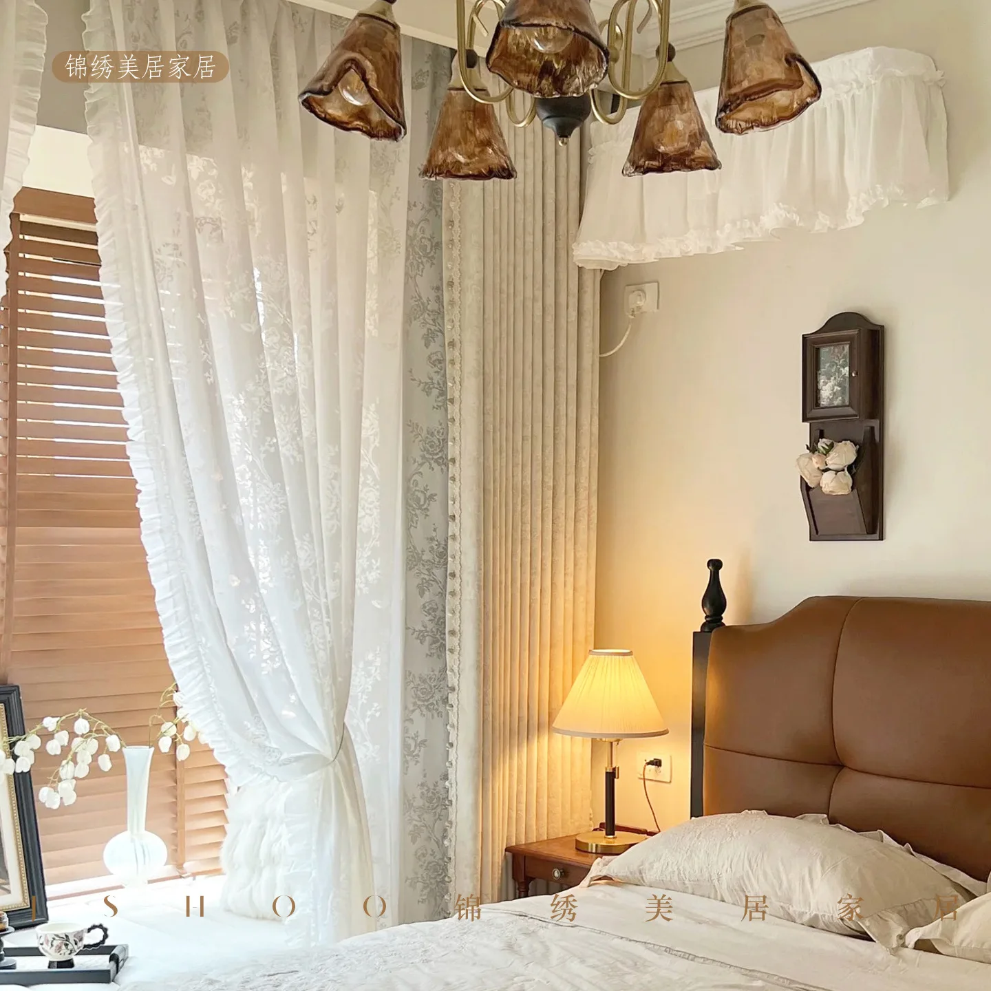 Retro Morris Flower Chenille Window Curtains Lace Bead Pom Pom Trim Semi‑Blackout Drapes for Bedroom Home Decoration