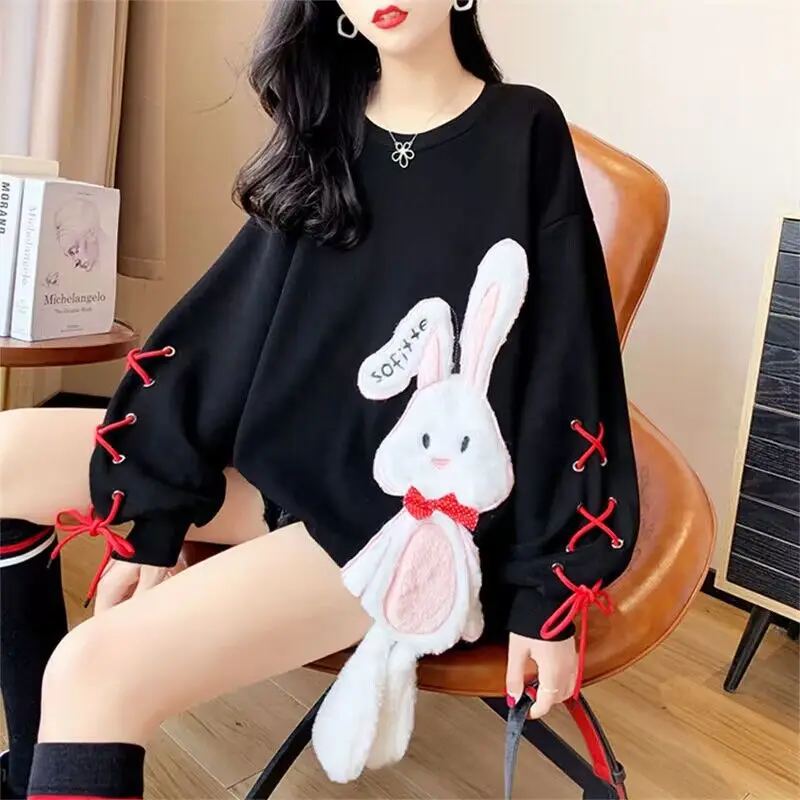 New Rabbit Fleece Hoodies 2023 Oversized Women Casual Sweatshirt Autumn Winter Long Sleeve Fleece Hooded Female Pullovers Tops