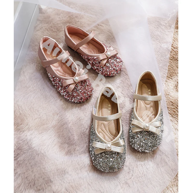 Pink Childrens leather Flat Single Shoes Girls Kids Rhinestone Bowknot Princess Shoes For Wedding And Party Girl Dance Shoes