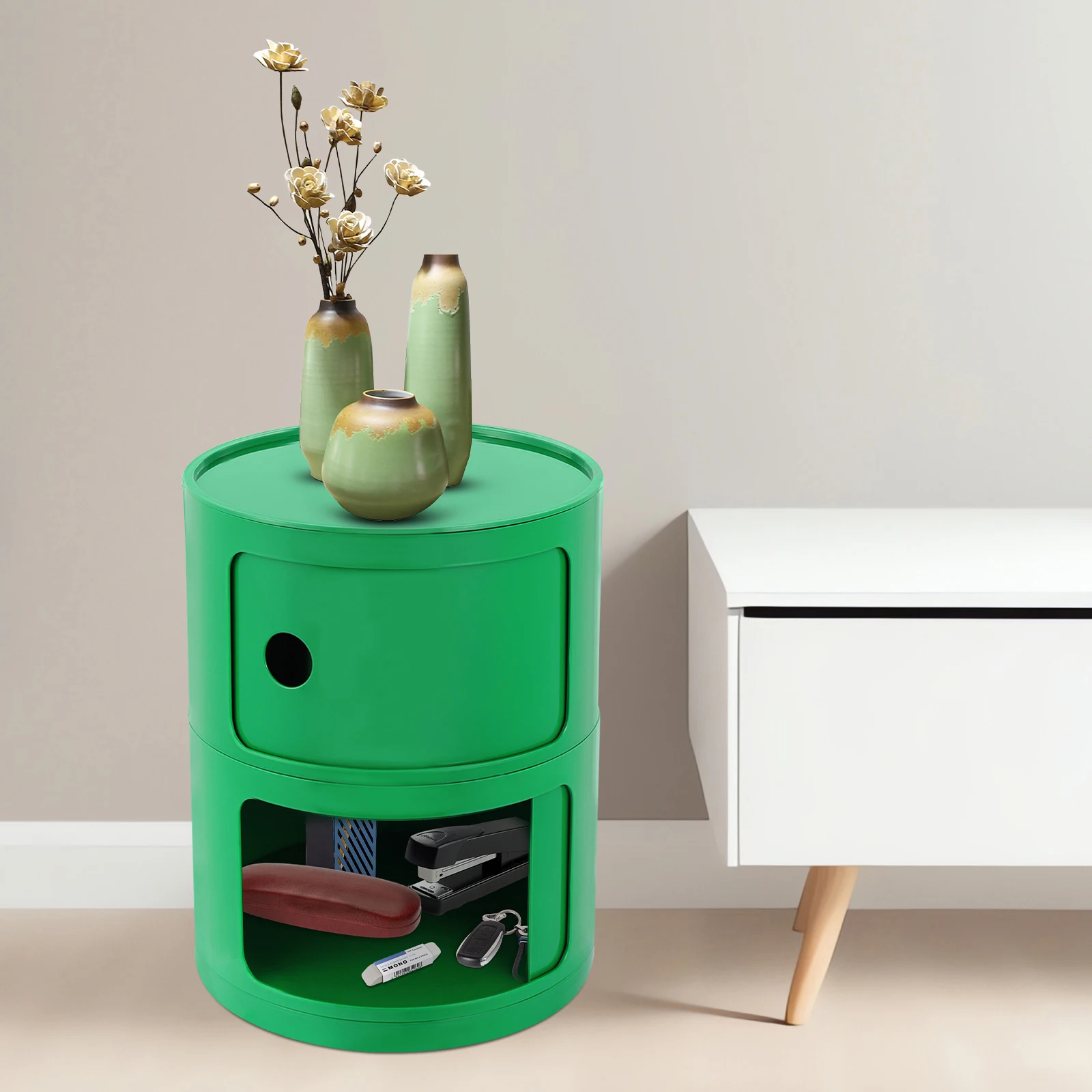 2-Tier Green Modern ABS Floor Standing Round Cabinet, Round End Table with Storage, Round Organizer