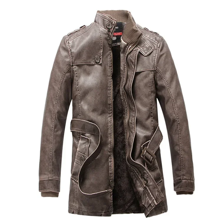 Мужская куртка Men Leather Jacket with Zipper Slim Stand Winter Thick Long Coat Genuine Leather Jacket Plush Adjustable Waist