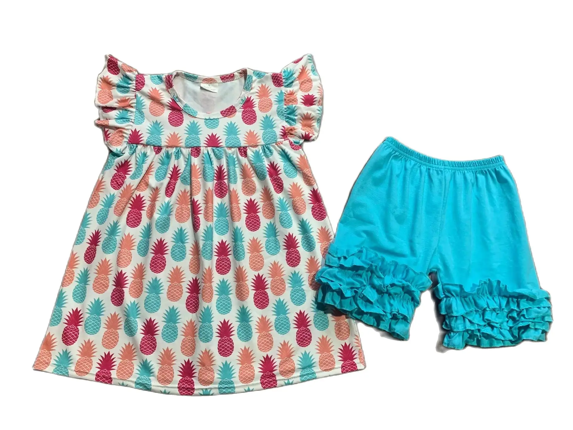 Summer Fruit Kids Clothes Cute Baby Girl Pineapple Print Pleat Sleeves Top Blue Shorts Set