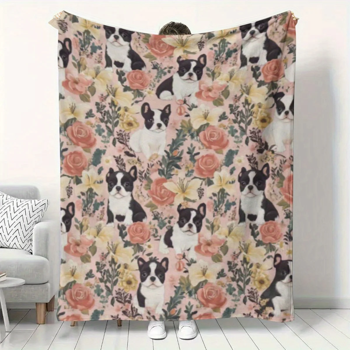 Cute Boston Terrier Puppy Blanket Floral Rose Fleece Throw Soft Warm Bedding Sofa Cover Dog Lover Home Decor Gift