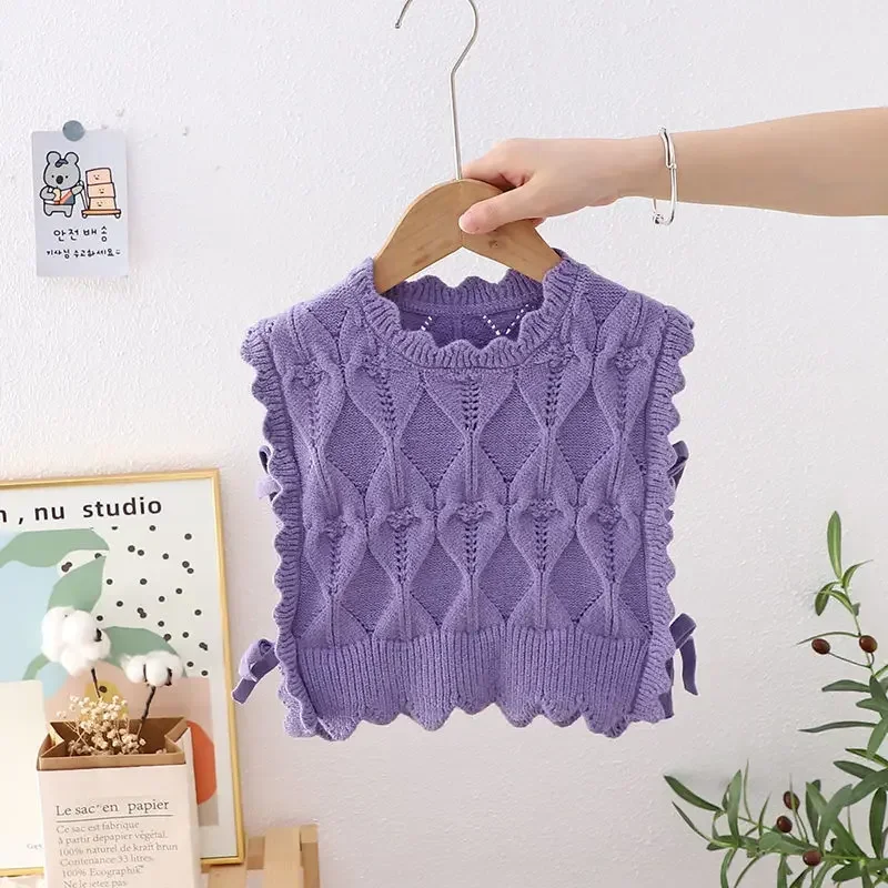 Kids Girls Knitted Sweater Vest Beige Pink Purple Knitted Cotton Vest Children Bandage Pullover Sweaters Cute Casual Winter Tops