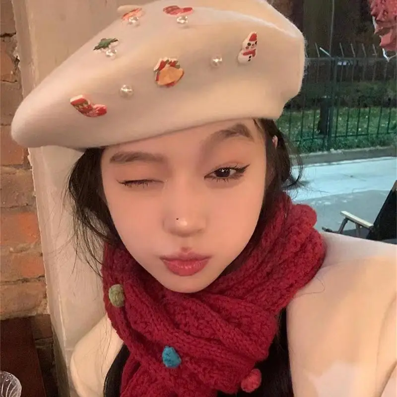 Winter Warm faux Wool Beret Women Girls French Artist Beanie Hat Cap Kawaii Flat Top caps warmers Christmas Hat Wool Beret