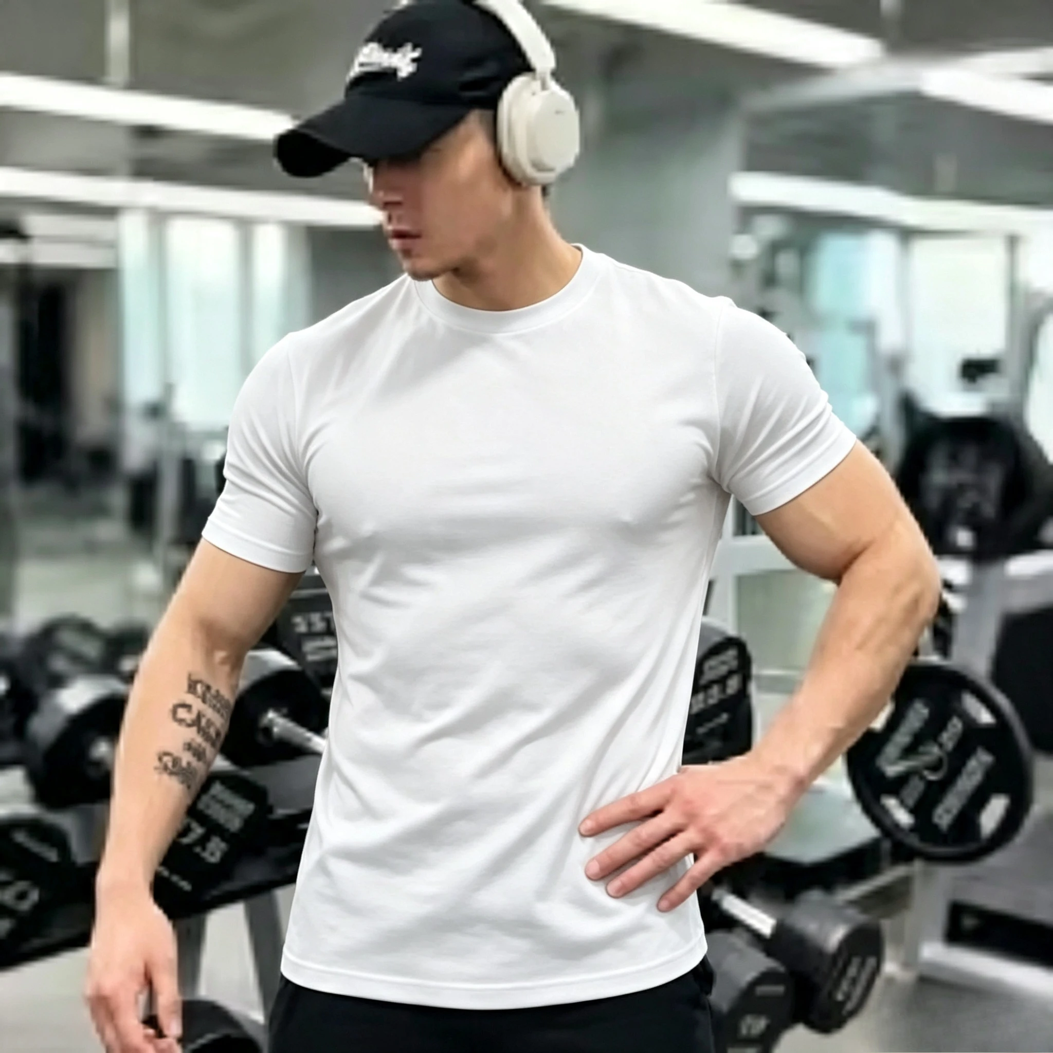 Men Slim Fit Solid Black Crew Neck Gym T-shirt Soft Micro Elastic Cotton Short Sleeve Muscle Fitness Training Casual Tee Tops
