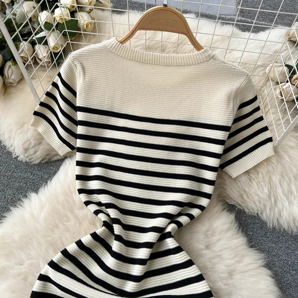 Summer Striped Beach Knitted Dress O Neck Short Sleeves Chic Hotsweet Slim Sundress Streetwear Y2K Bodycon Midi Dress