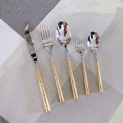 5pcs 304 Stainless Steel Gold Dinnerware Set Luxury Golden Cutlery Solid Hammed Handle Steak Knife Fork Spoon Teaspoon Tea Fork
