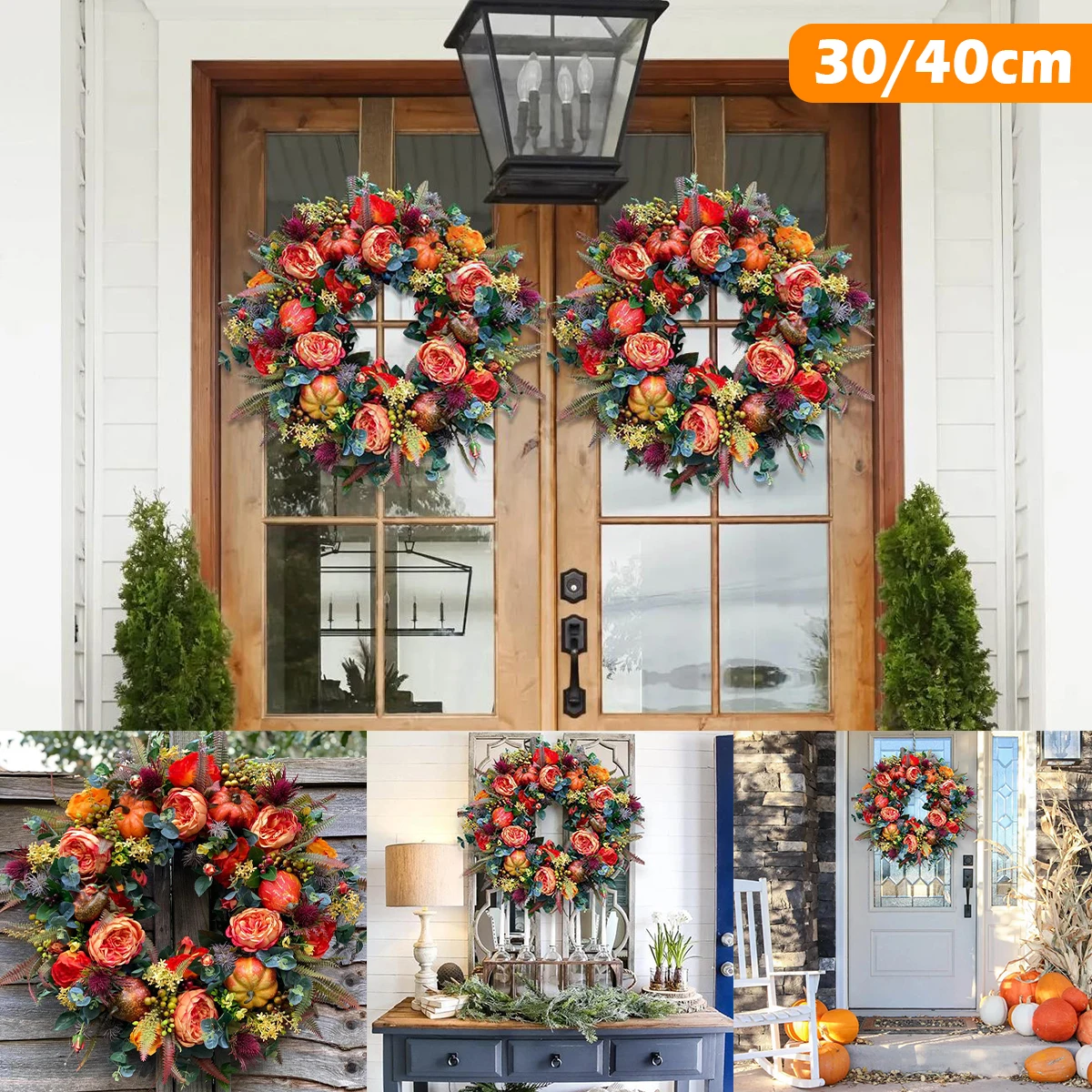 Fall Wreath 40/50CM Artificial Autumn Harvest Wreath Peony Pumpkin Wreath Realistic Halloween Thanksgiving Wreath Home Decor for