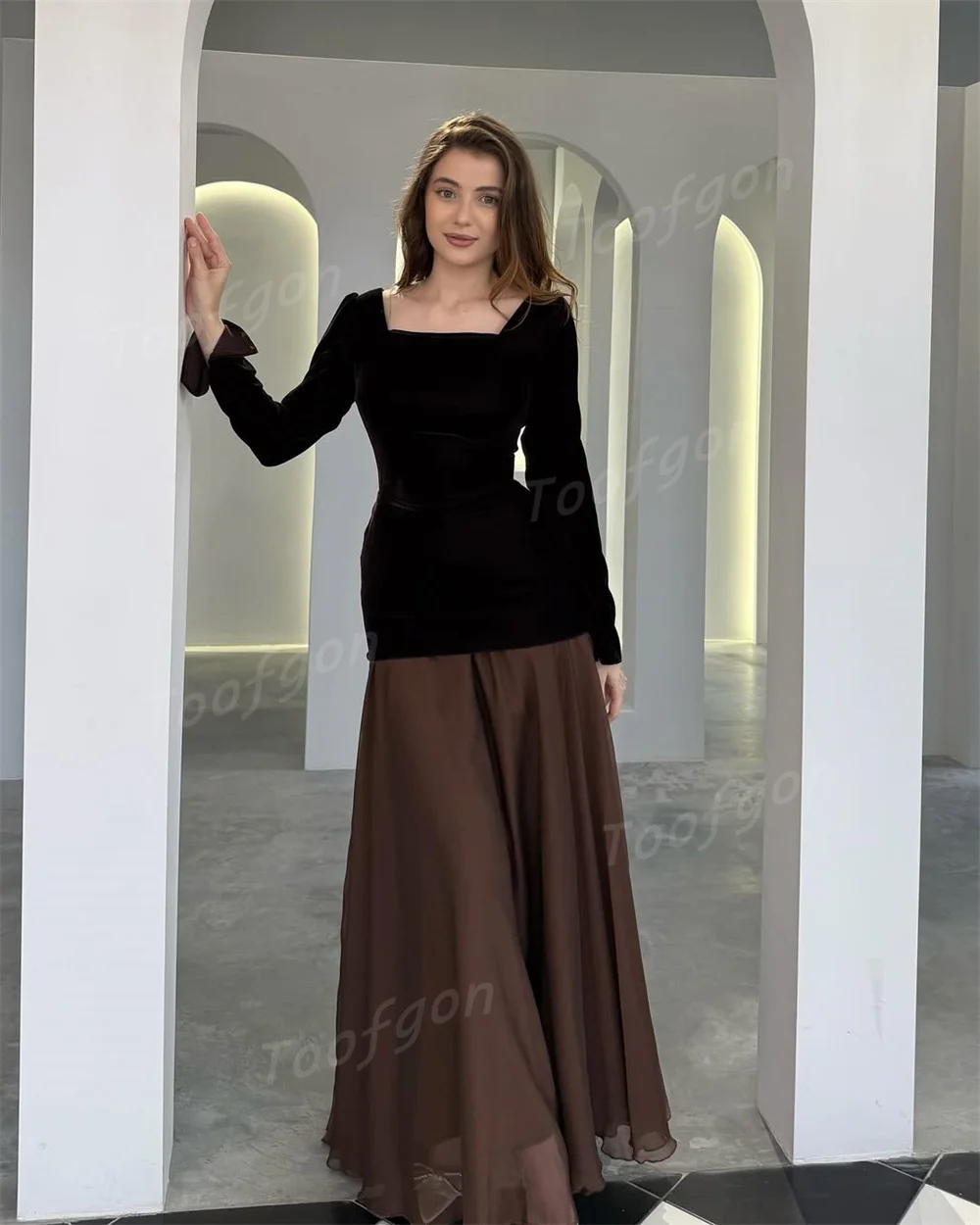 Toofgon A Line Square Neck Prom Dresses Customized Long Sleeve Pleated Women Formal Evening Gowns Chiffon Party Girls Dance Gown