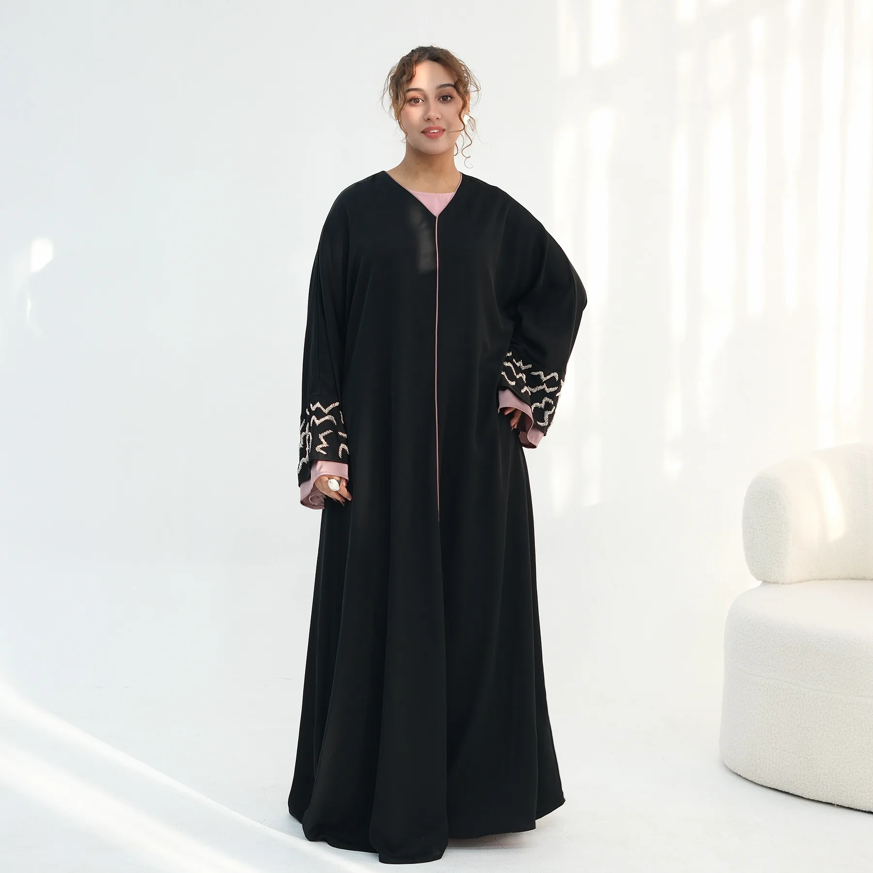Dubai Offene Abaya Perlen Kimono Strickjacke Frauen Muslimischen Kleid Eid Abbayas Türkei Kaftan Kebaya Kaftan Marocain Frauen Kleid Jalabiya