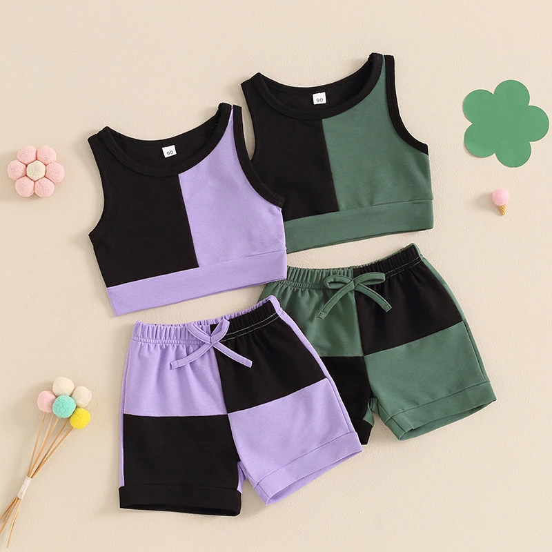 

Summer Toddler Baby Girls Tracksuit Outfit Clothes Sets Contrast Colors Tank Tops and Elastic Shorts Baby Children Clothing