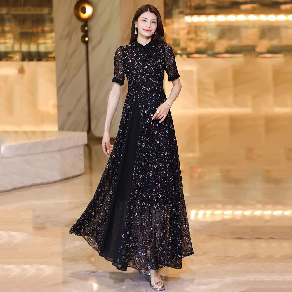 

New Women Chinese Style Floral Dress Summer Fashion Cheongsam Collar Short Sleeve Slim Long Dress Elegant Beautiful Print Dress