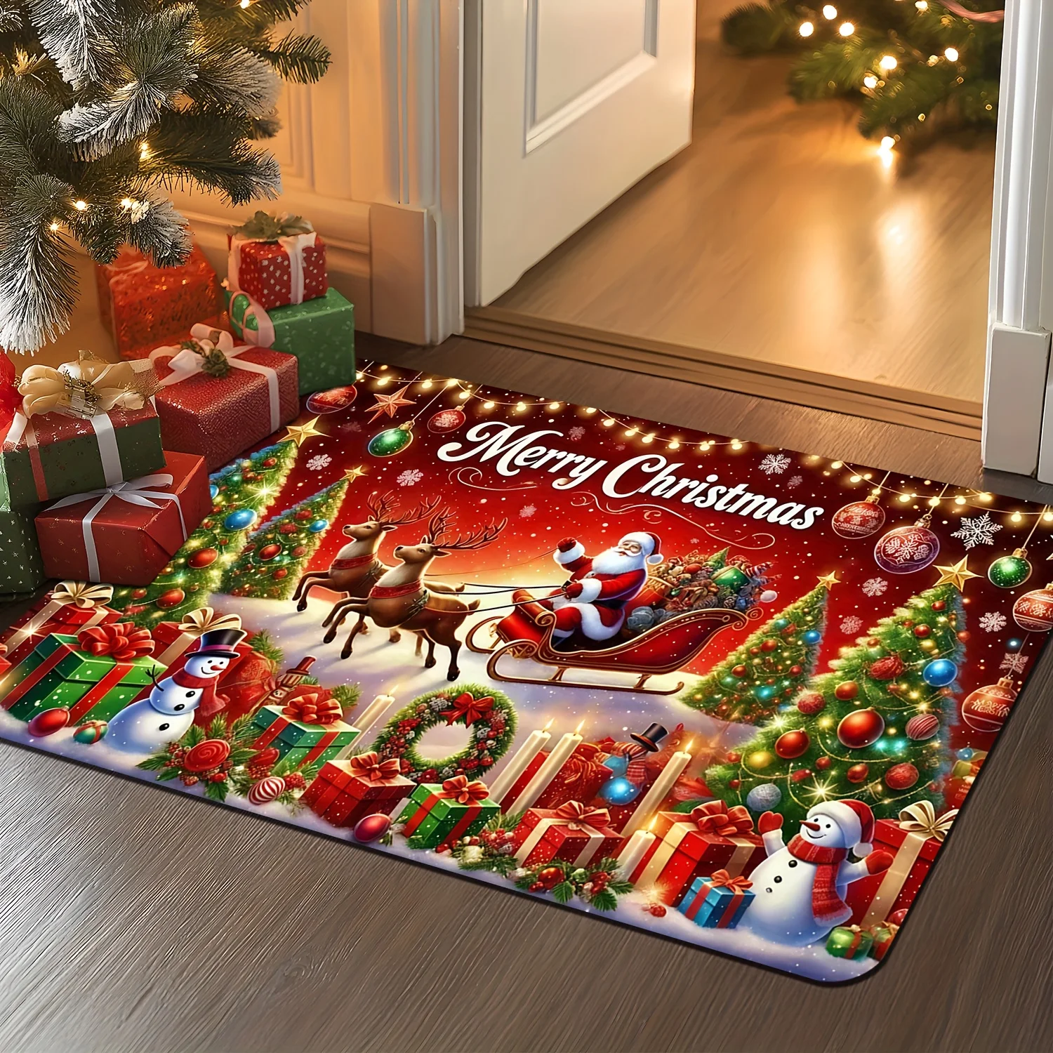 VIKAMA Christmas Doormat Santa Reindeer Sleigh Welcome Rug Non Slip Floor Mat for Home Kitchen Bathroom Entry Xmas Decor