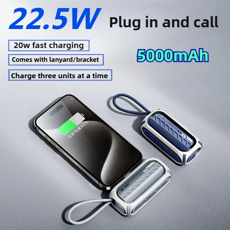 

Портативная батарея с быстрой зарядкой USB C, 22,5 Вт, 5000 мАч, внешний аккумулятор, встроенный кабель для IPhone, Samsung, Xiaomi, Huawei Powerbank