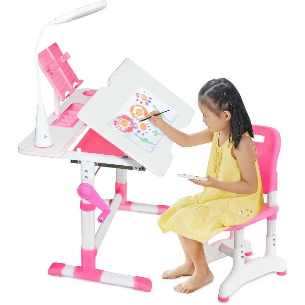 Juego de escritorio y silla para niños de 4 a 12 años, mesa de estudio para niños de altura ajustable, escritorios escolares para estudiantes con lámpara