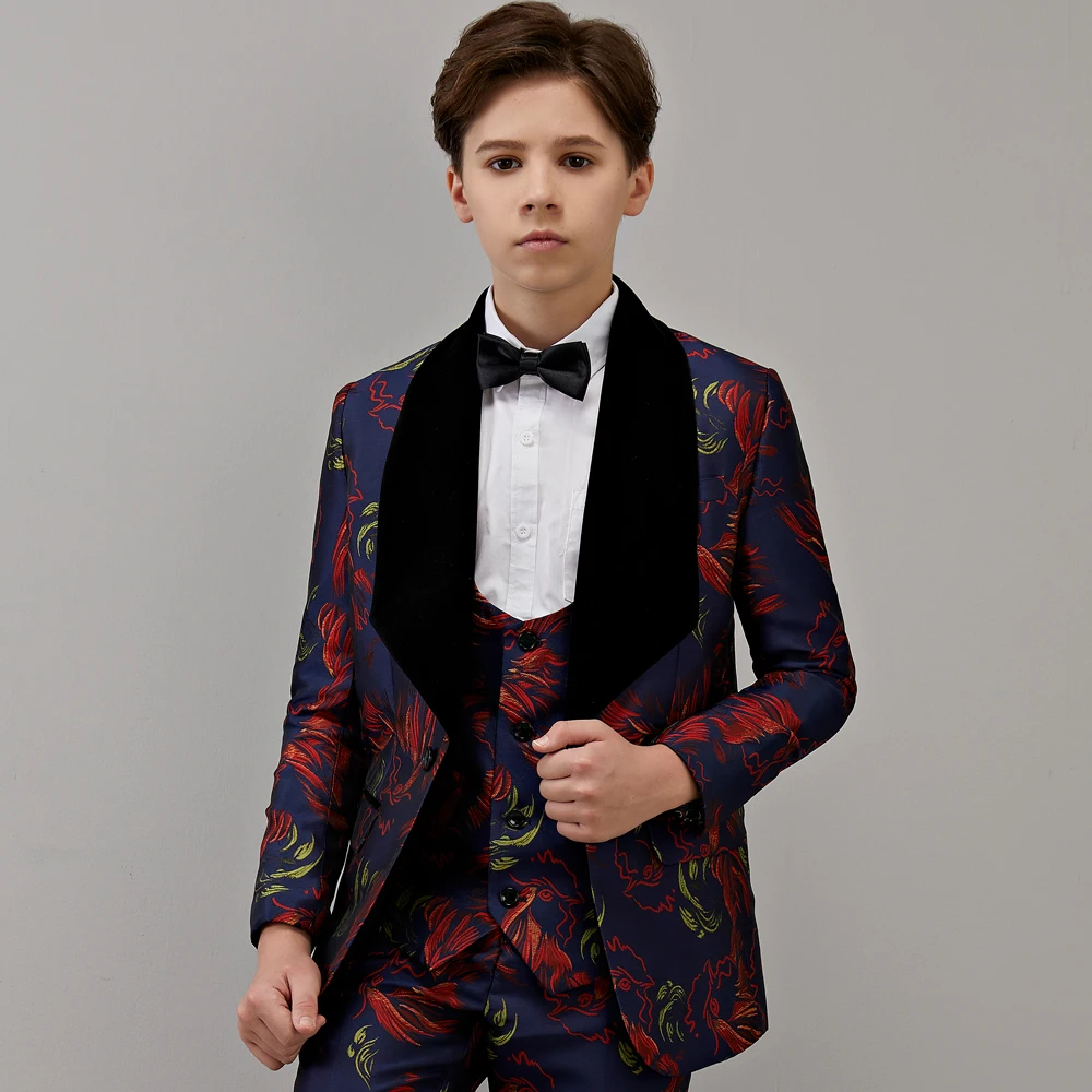 Child Bule Formal Dress Suit Set Handsome British Flower Boy Wedding Host Piano Costume Kids Blazer Vest Pants Bowtie Outfit